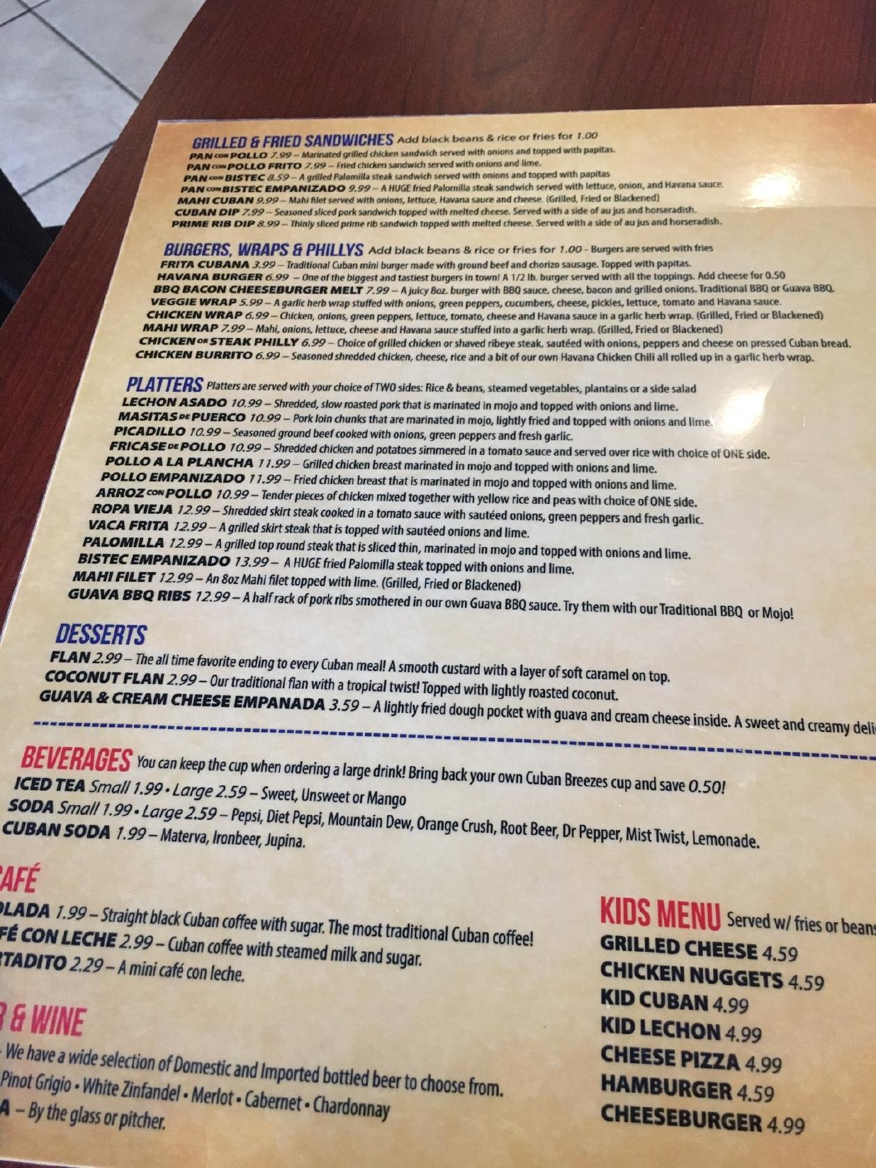 Menu at Cuban Breezes restaurant, Tampa, W Hillsborough Ave