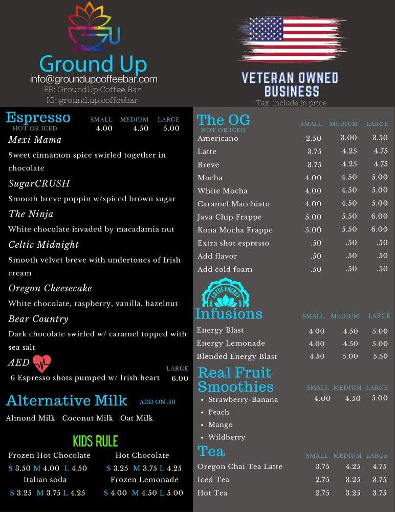 Menu at Ground Up Coffee Bar, Mount Dora