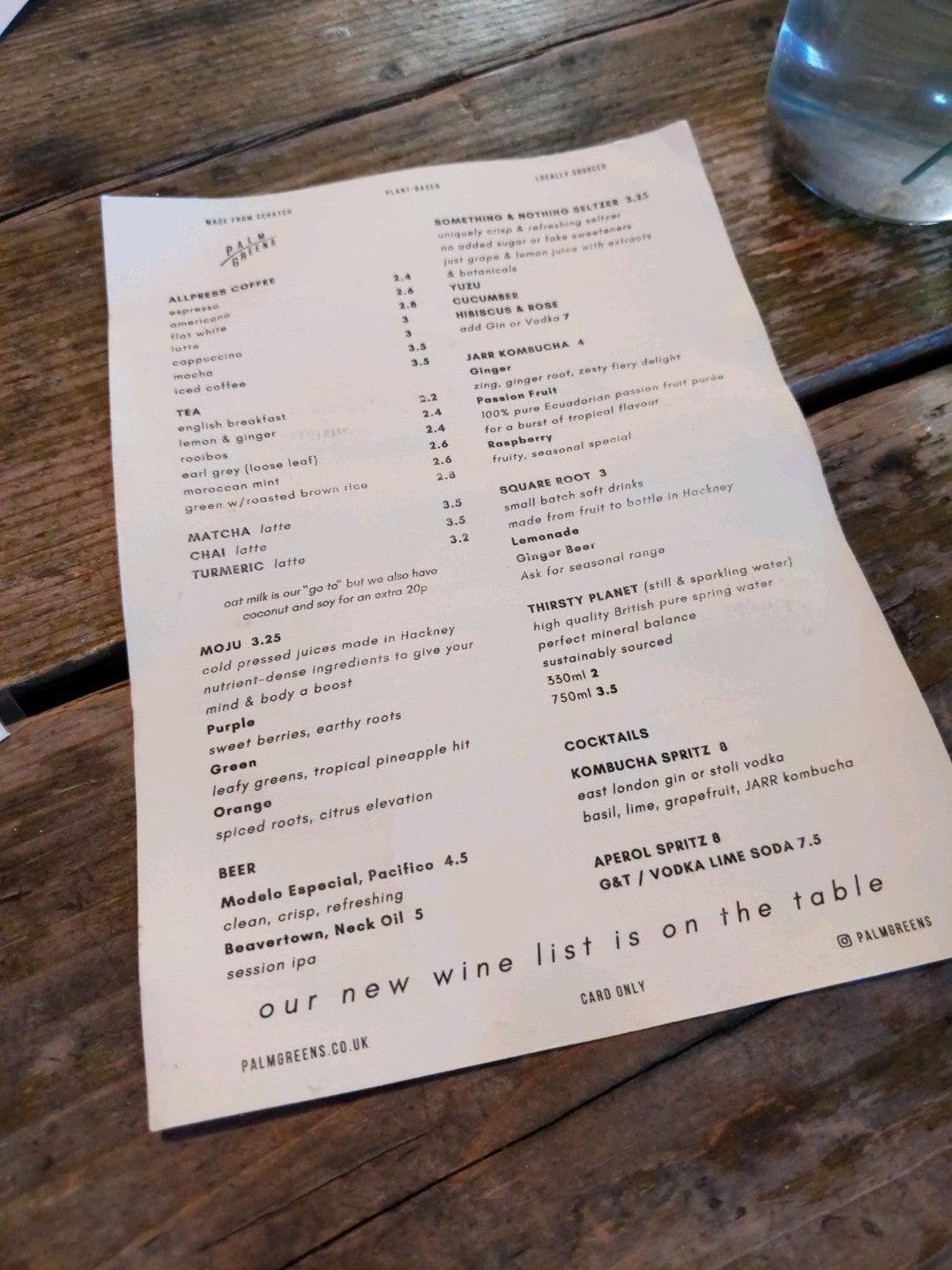 Menu at Palm Greens cafe, London