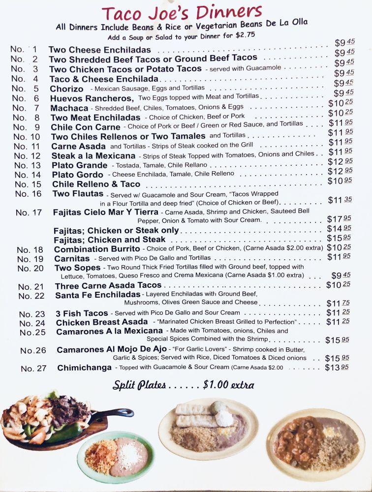 Menu at Taco Joe's Mexican Restaurant, Rialto