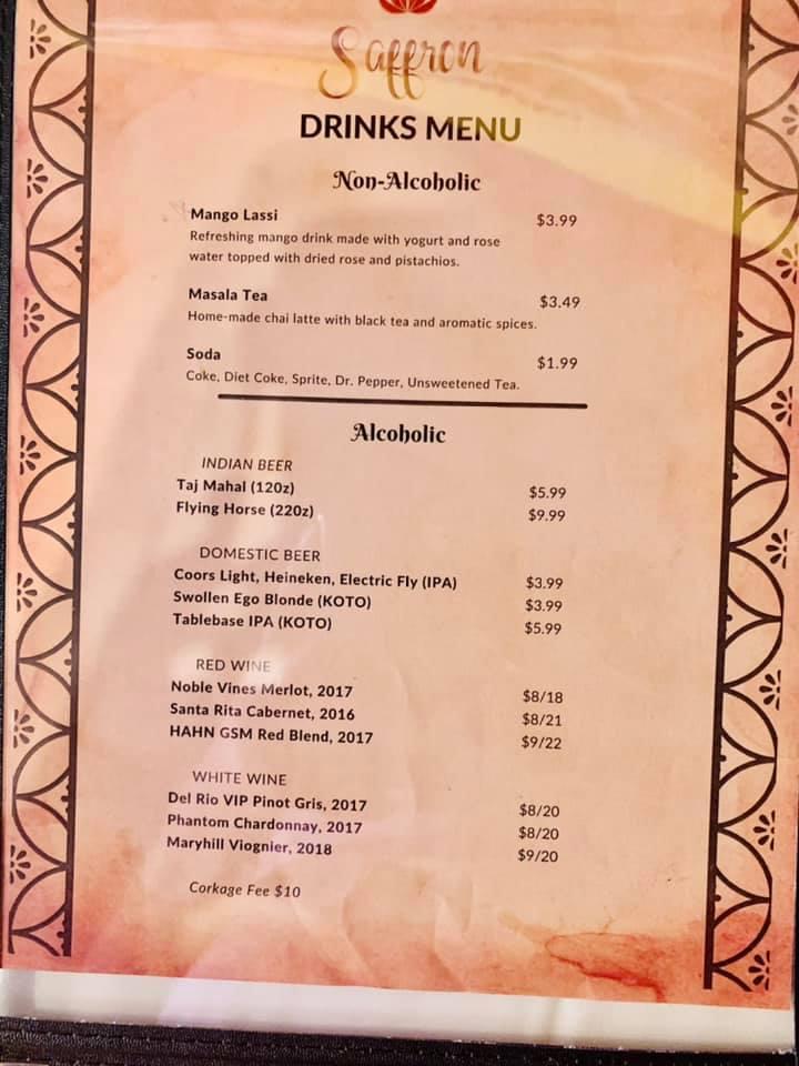 Menu at Saffron Twin Falls restaurant, Twin Falls