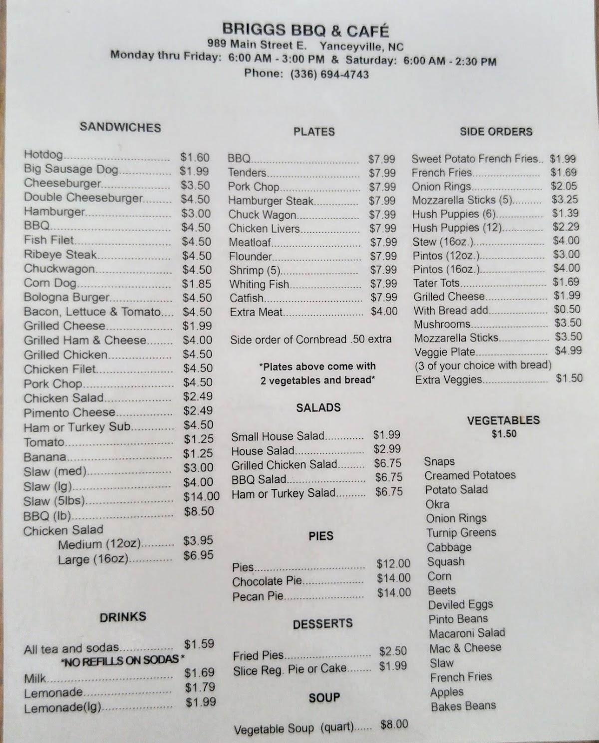 Menu at Briggs Bar-B-Que & Grill, Yanceyville, 989 E Main St