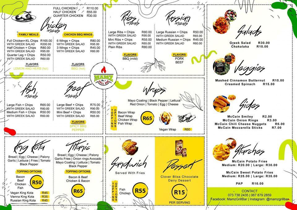 Menu at Mamz No 1 Grills Premium restaurant, Pretoria, Mlahleki St