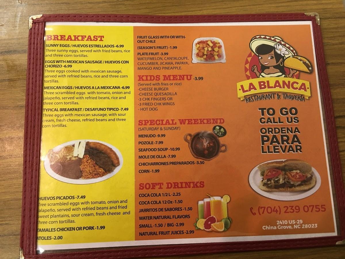 Menu at La blanca taqueria restaurant, Kannapolis