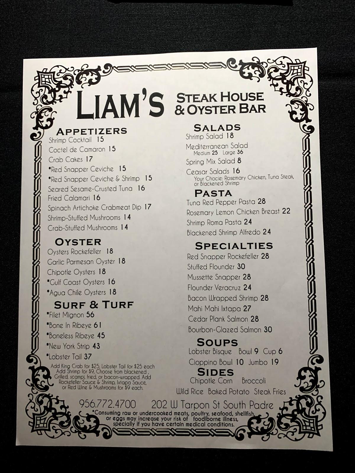 Menu at Liam's Steak House & Oyster Bar, South Padre Island