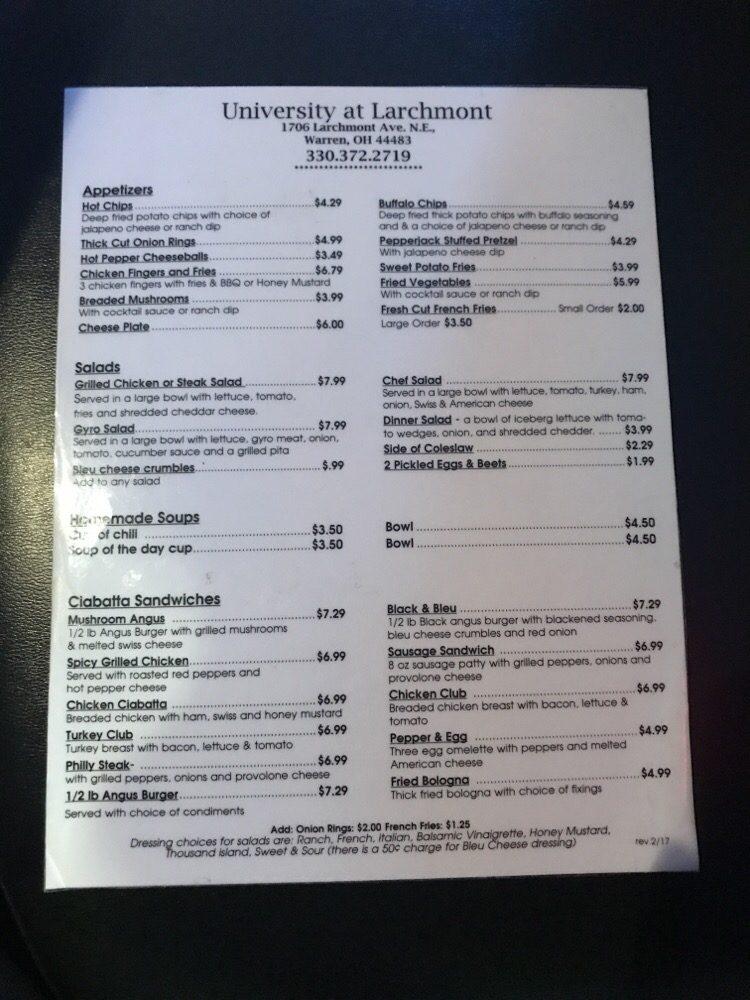 Menu at University At Larchmont pub & bar, Warren
