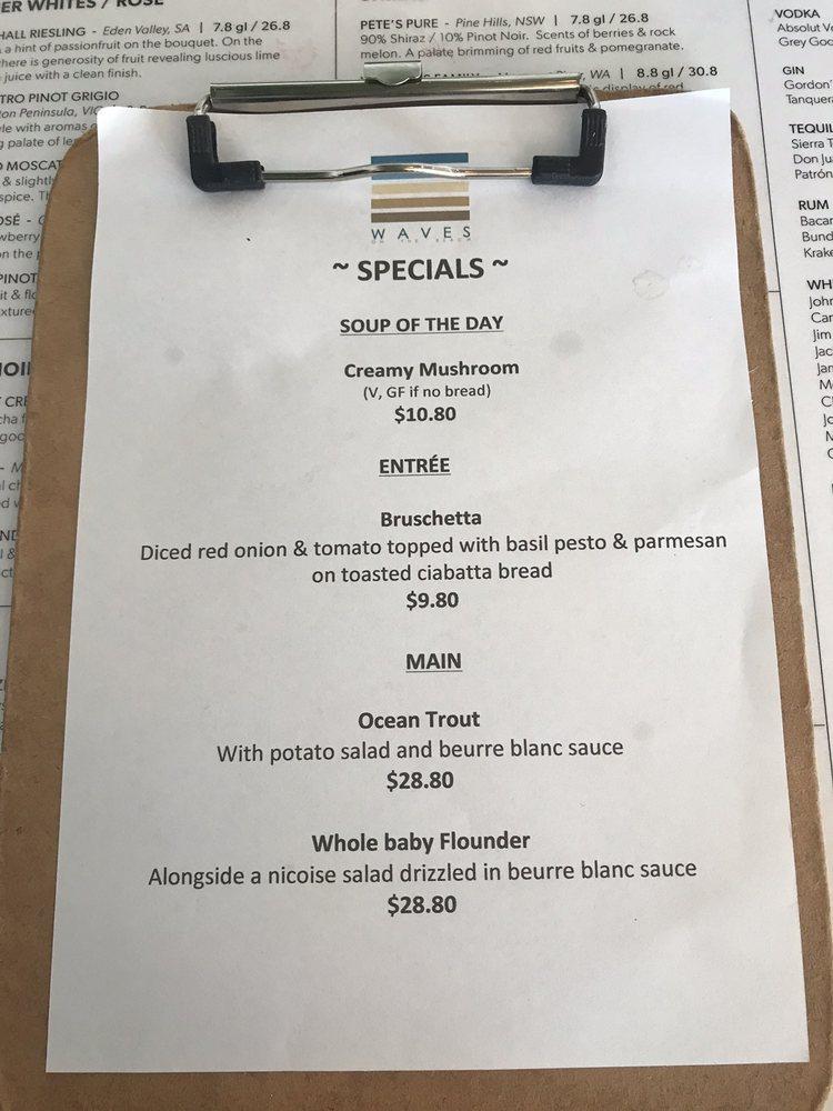 Menu at Waves on the Beach Restaurant, Frankston