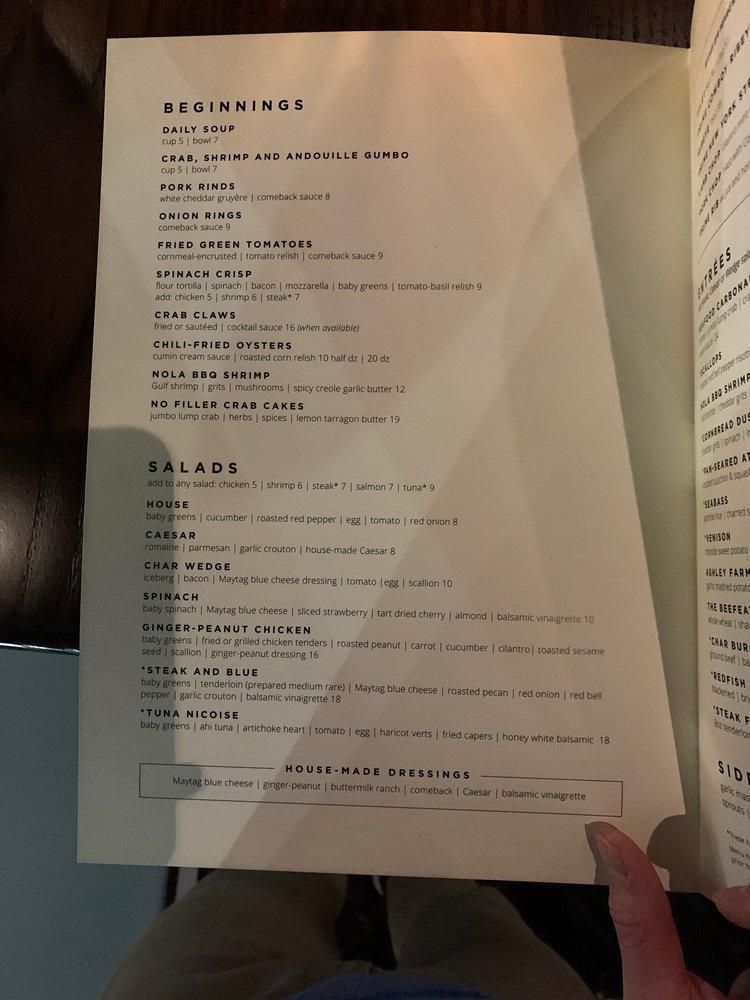 Carta de Char Restaurant, Huntsville
