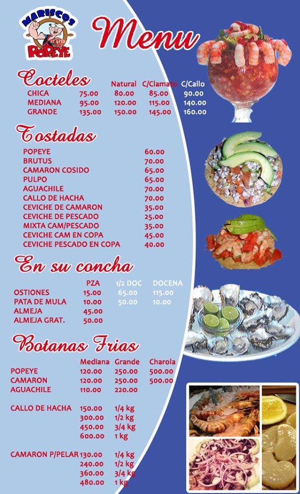 Menu at Mariscos Popeye restaurant, Mexicali