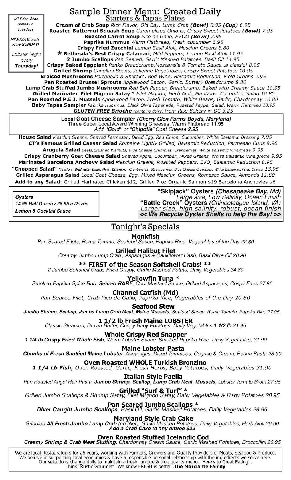 Menu at Chef Tony's Fresh Seafood Restaurant, Bethesda, Pooks Hill Rd