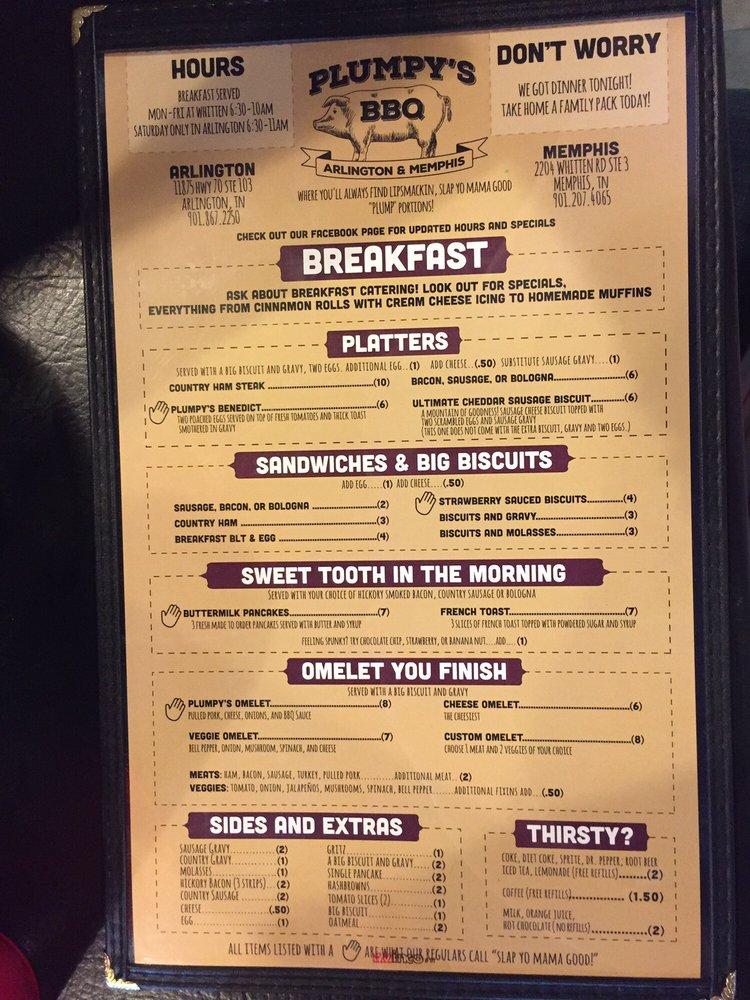 Menu at Plumpy's BBQ, Arlington, Highway 70