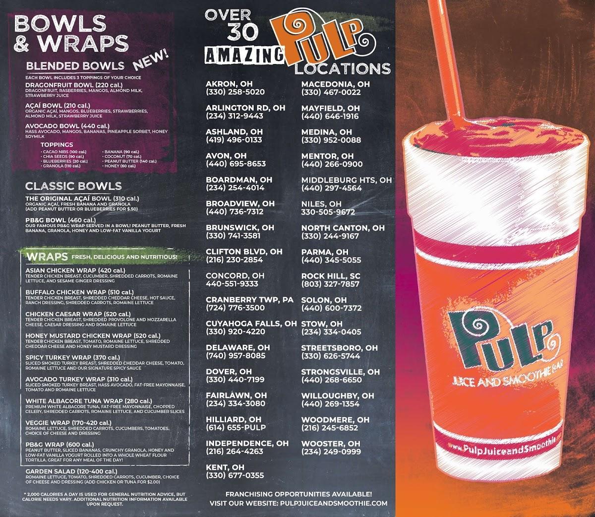 Menu at Pulp Juice and Smoothie Bar, Lorain