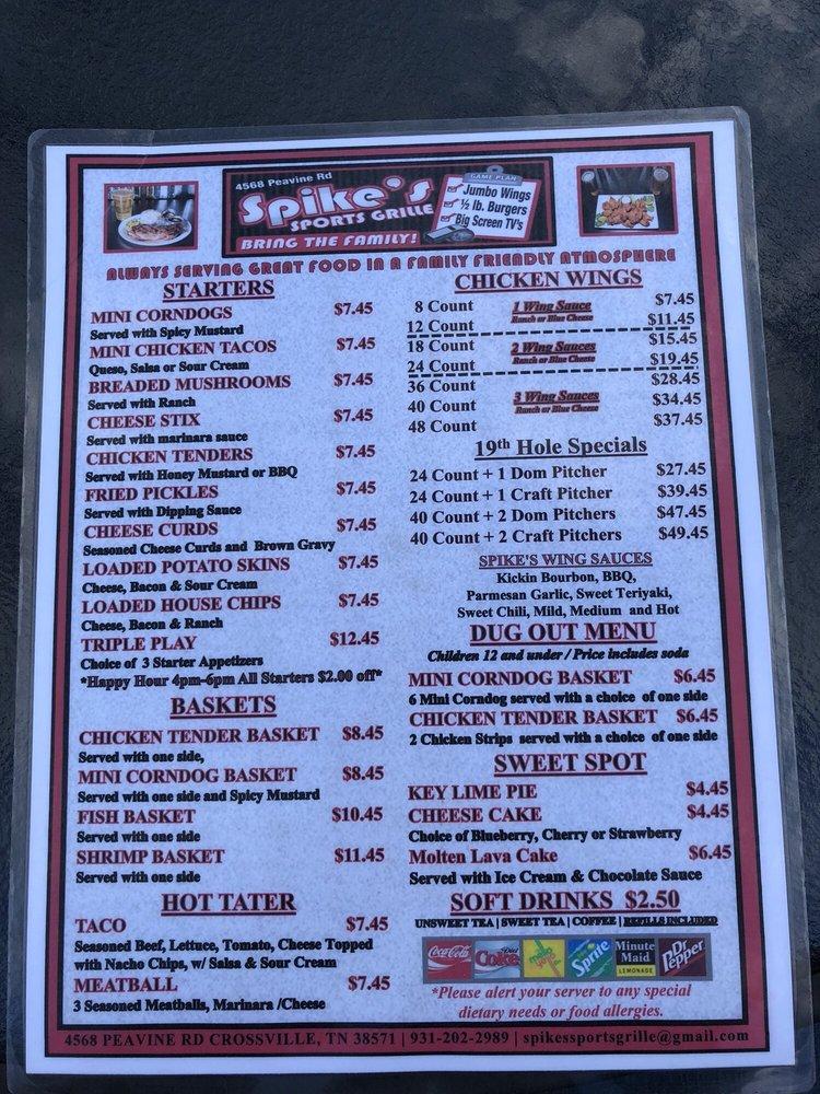 Menu at Spike's Sports Grille pub & bar, Crossville