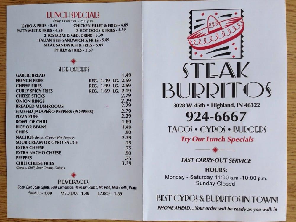 Menu at Steak Burrito restaurant, Highland