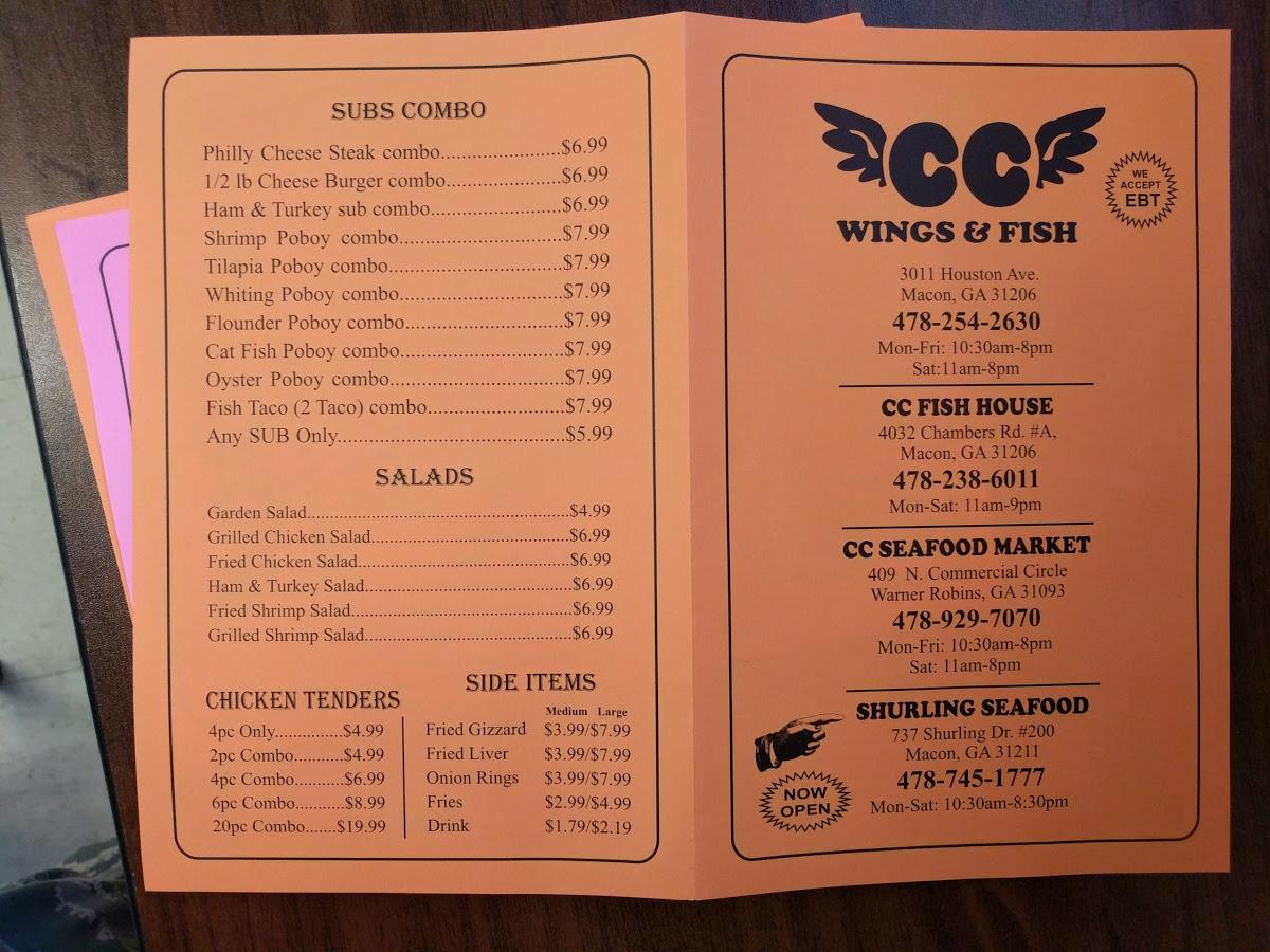 Menu at CC's Seafood restaurant, Warner Robins