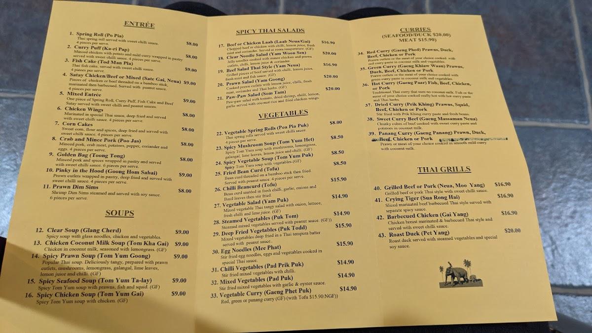Menu at Mariam's Thai Restaurant, Belgian Gardens