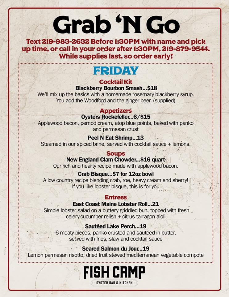 Menu at Bartlett's Fish Camp, Michigan City