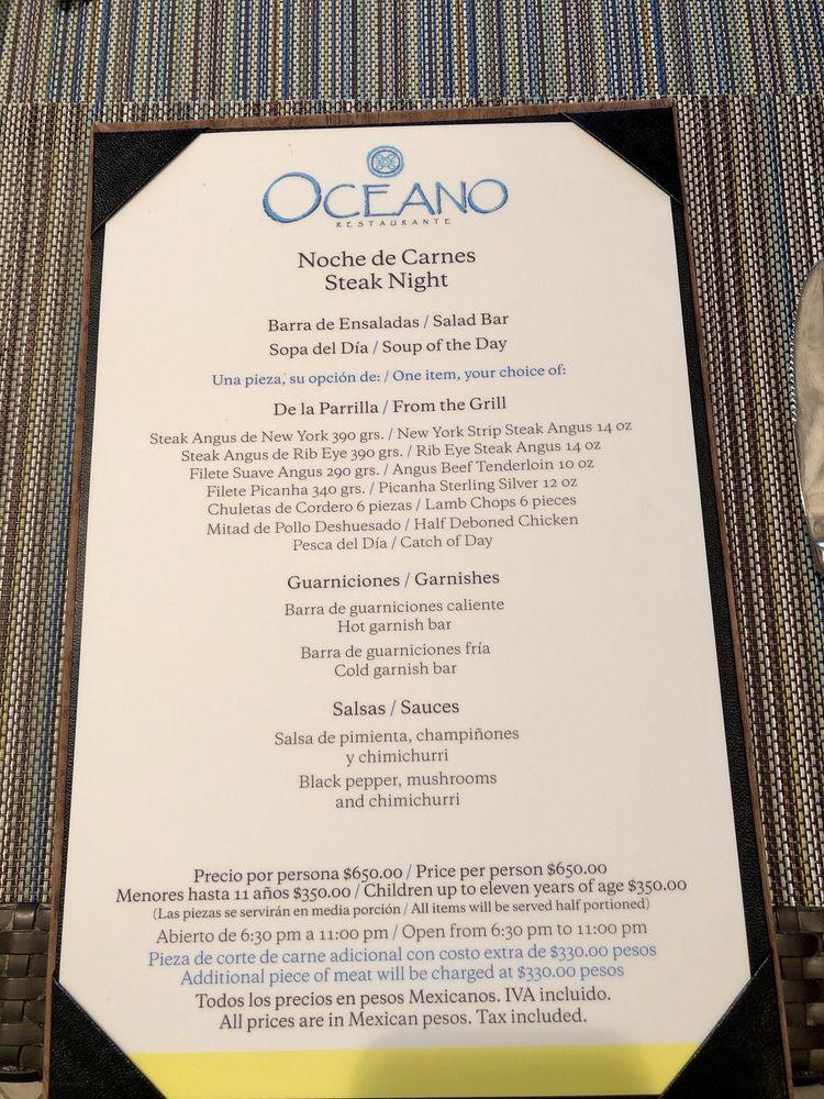 Menu at Oceano Restaurant, Cancún, El Rey