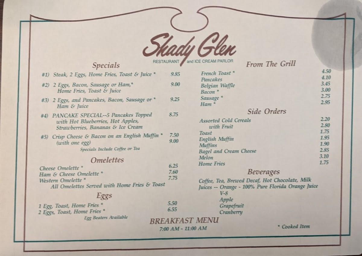 Menu at Shady Glen Restaurant and Ice Cream Parlor, Manchester, 840
