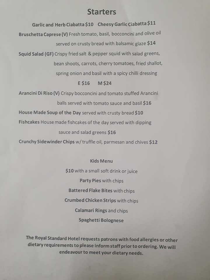 Menu at Royal Standard Hotel pub & bar, Toora