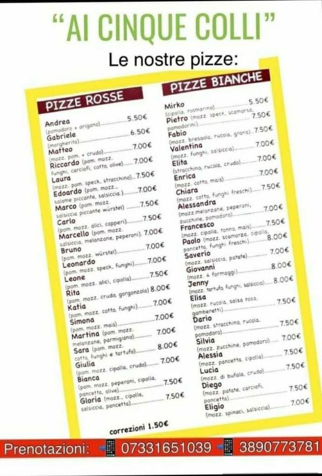 Menu di Ai Cinque Colli 