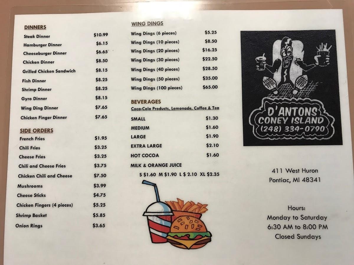 Menu at D'Antons Coney Island fast food, Pontiac