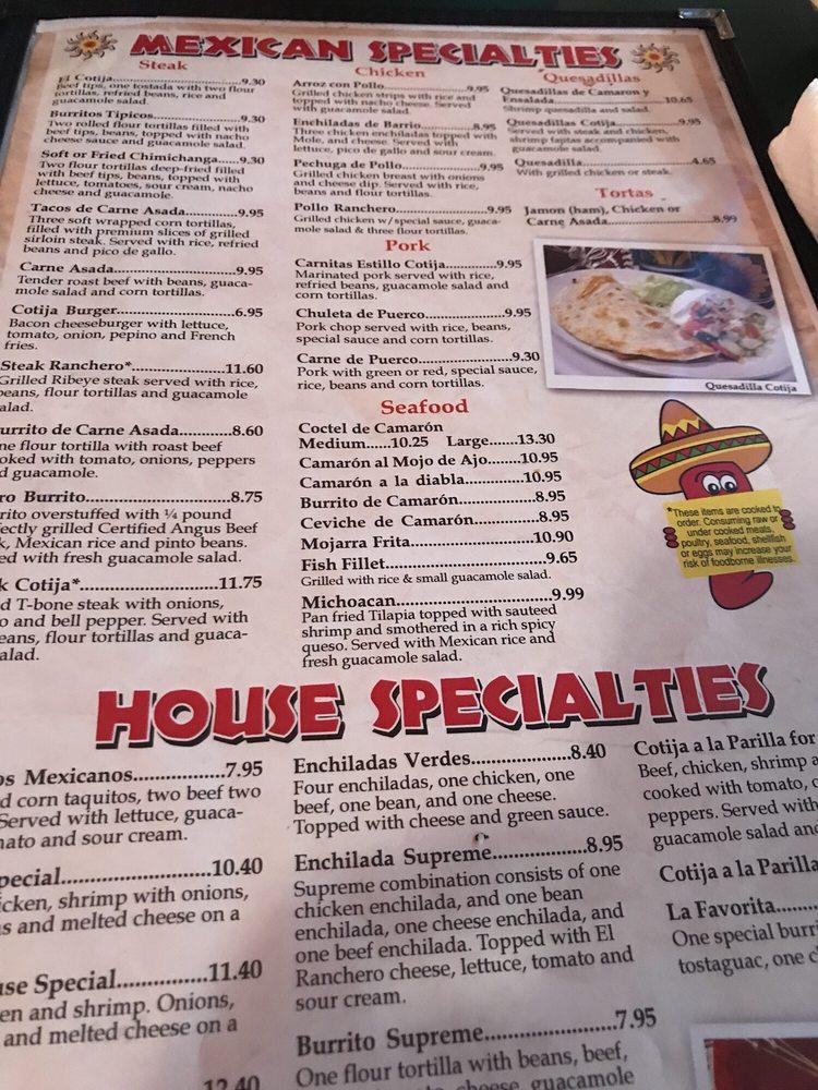 Menu at El Cotija Mexican restaurant, Warner Robins, 109 Margie Dr