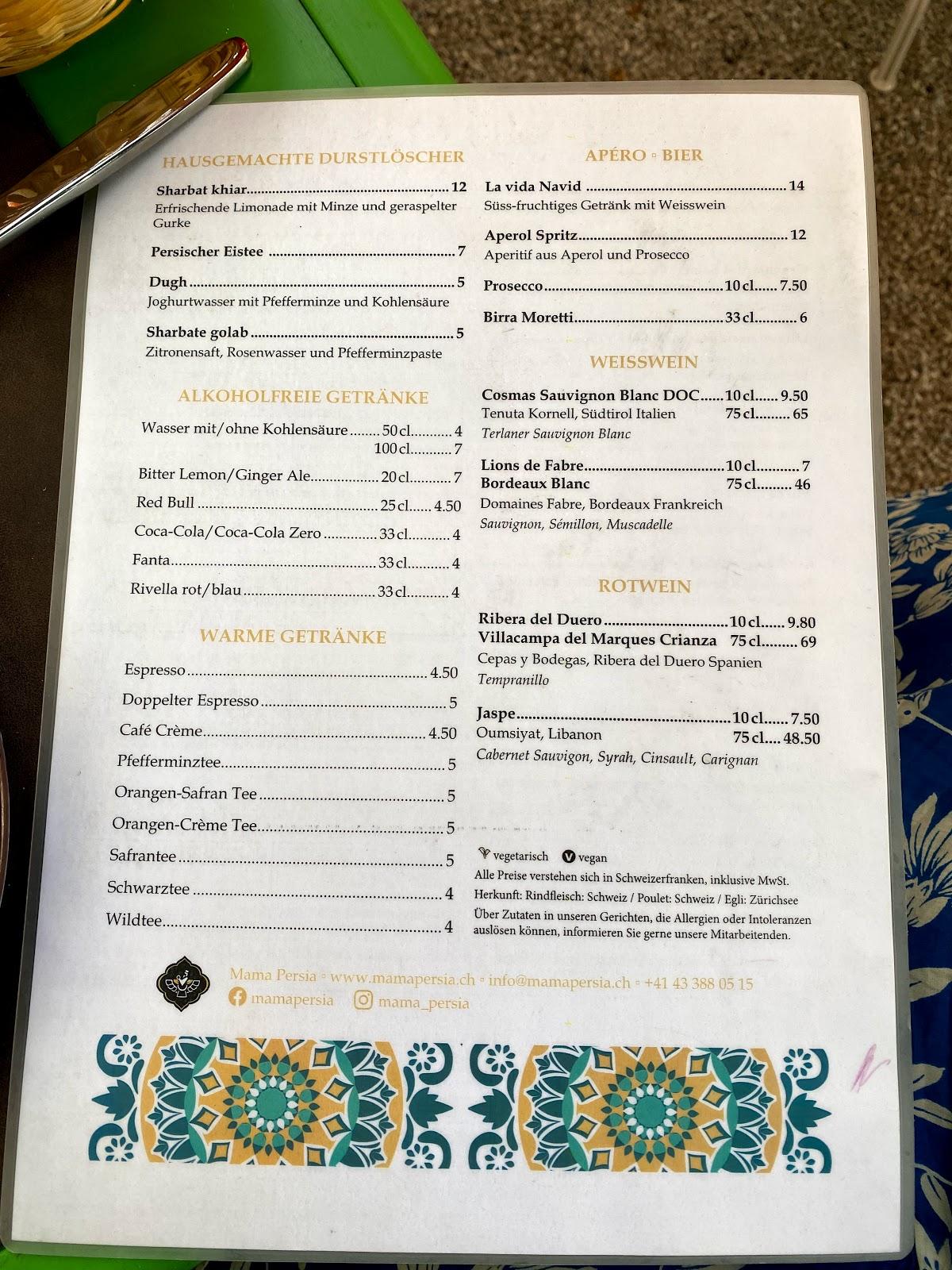 Menu at Mama Persia Rüschlikon