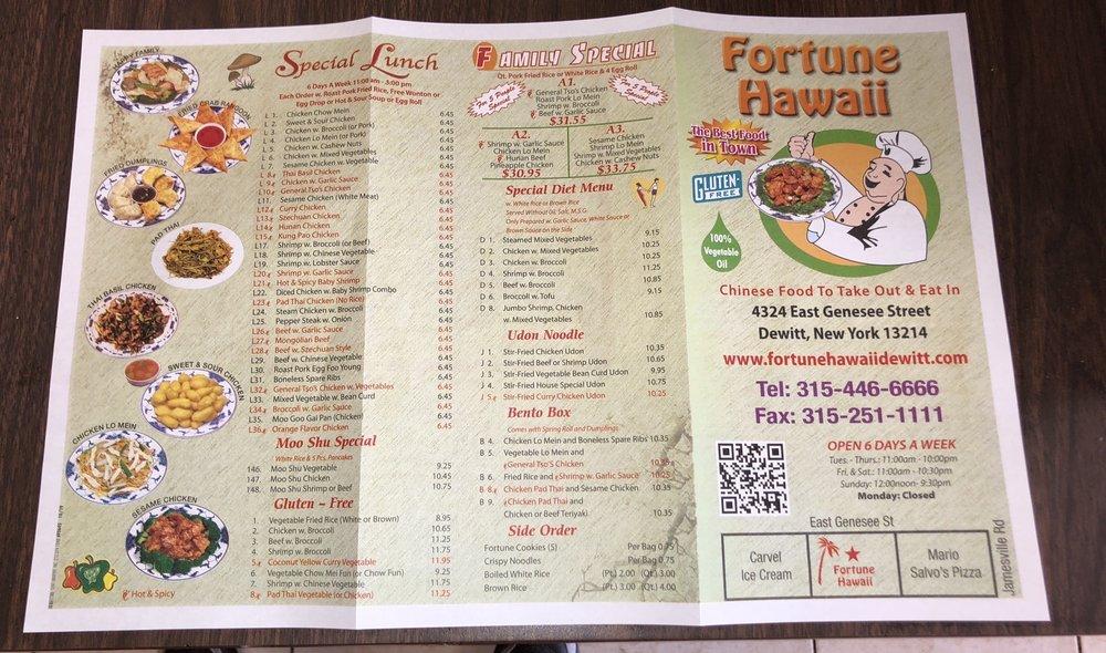 Menu at Fortune Hawaii restaurant, Syracuse, E Genesee St