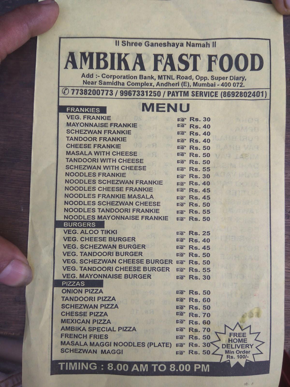 Menu at AMBIKA FAST FOOD & lunch Dinner, Mumbai