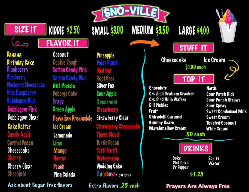 Menu at Sno-Ville desserts, Youngsville