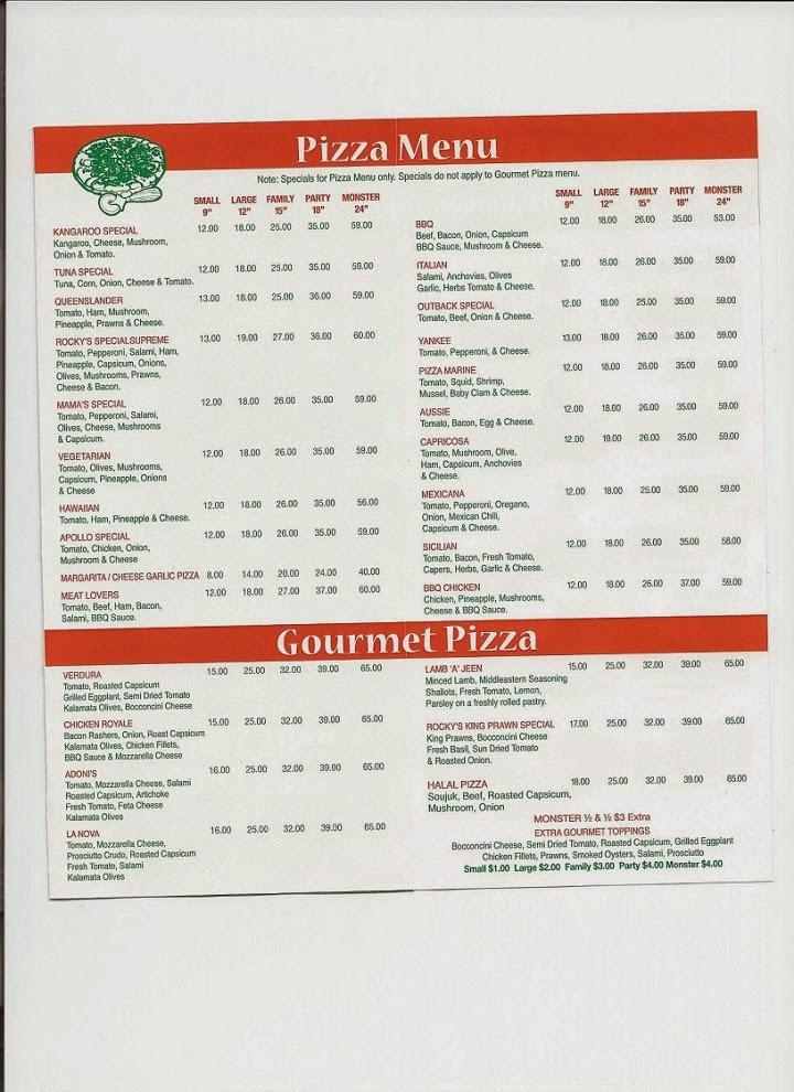 Menu at Rocky's Pizza fast food, Tennant Creek