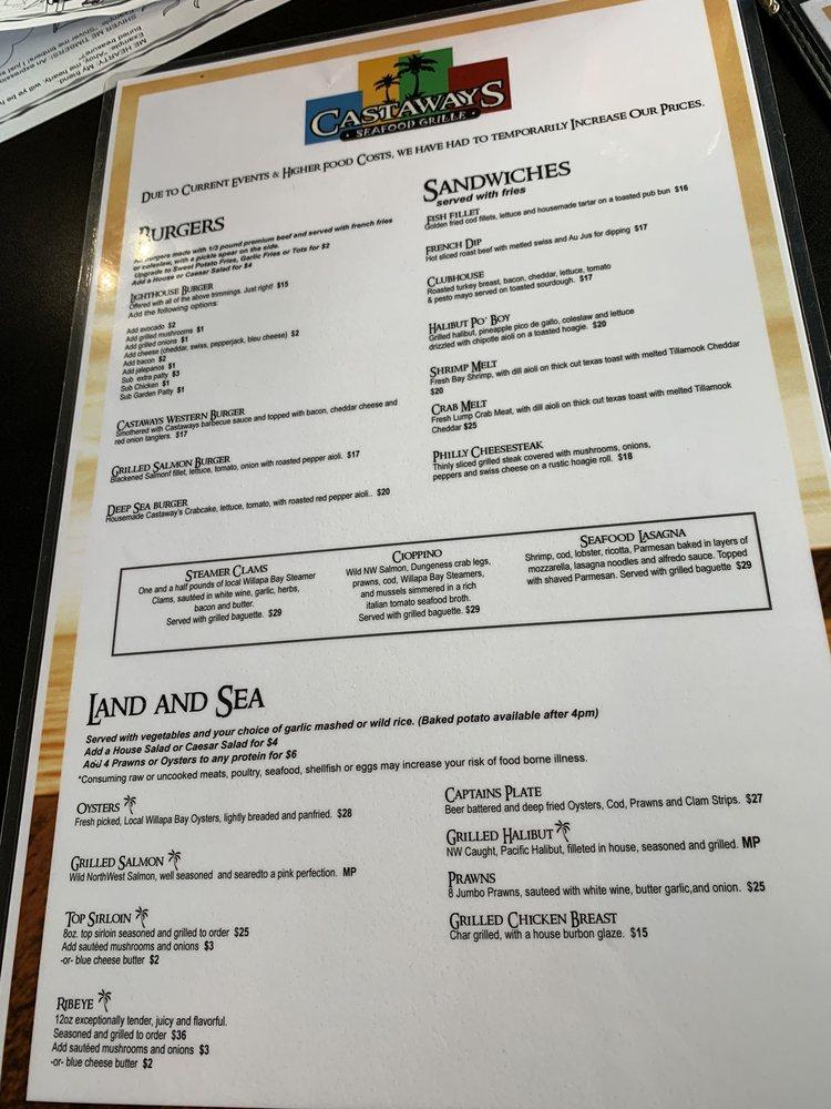 Menu at Castaway's Seafood Grille pub & bar, Long Beach
