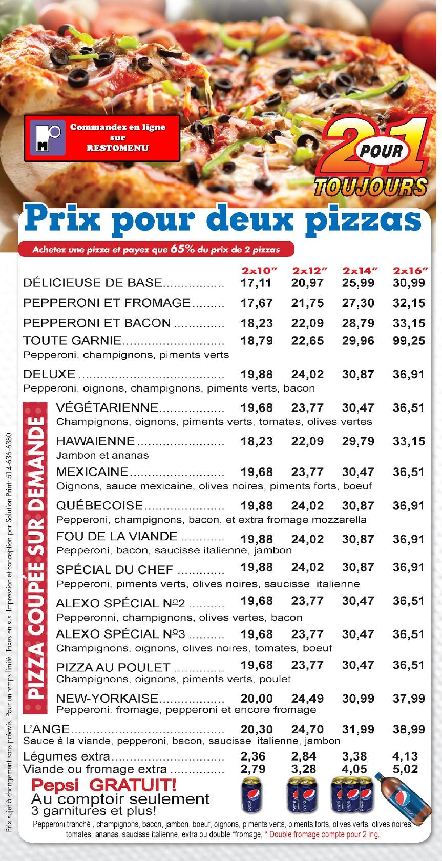 Menu At Alex O Pizza 2 Pour 1 Pizzeria, Brossard