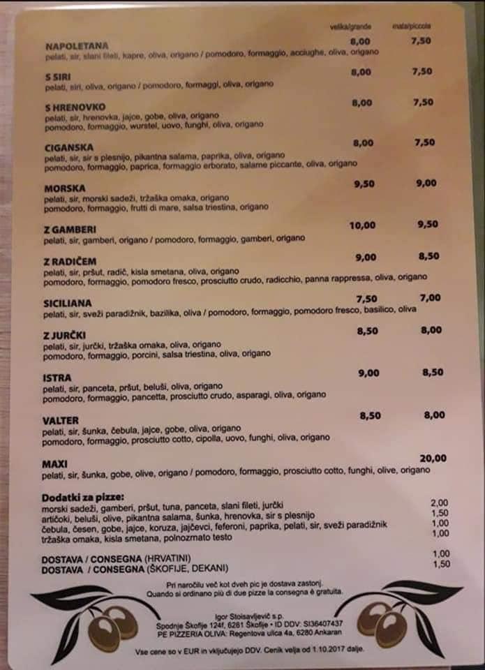 Menu da Pizzeria & Caffe Bar "Oliva", Ancarano