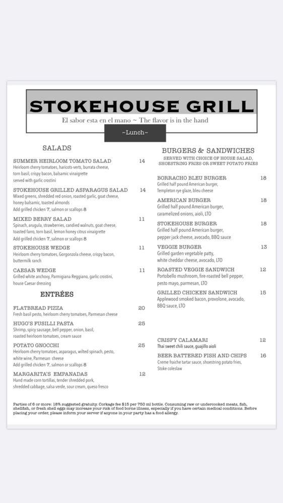 Menu at Stokehouse Grill restaurant, Paso Robles