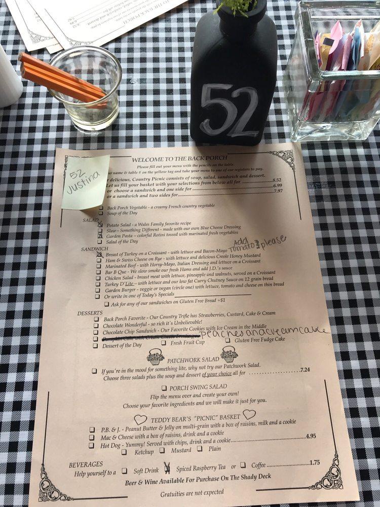 Menu at The Back Porch Restaurant, Lake Alfred, 115 Co Rd 557A