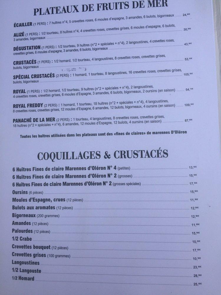 Menu at Chez Freddy restaurant, Nice