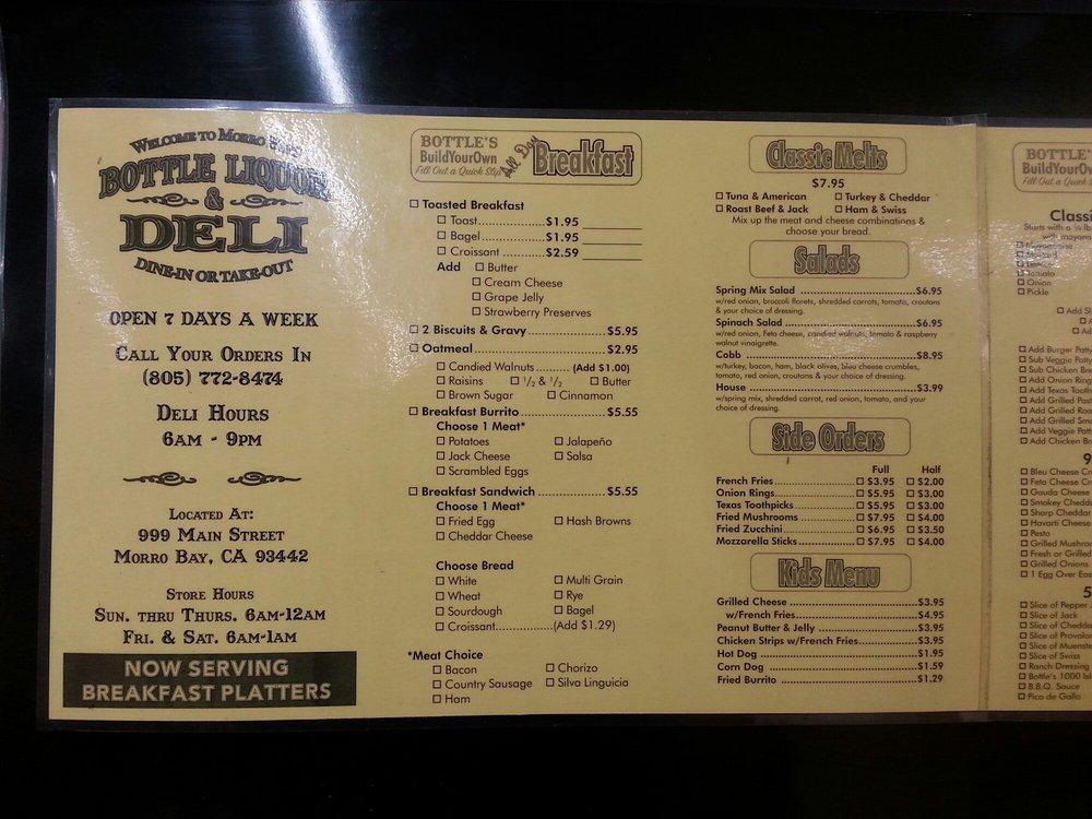 Menu at Bottle Liquor fast food, Morro Bay