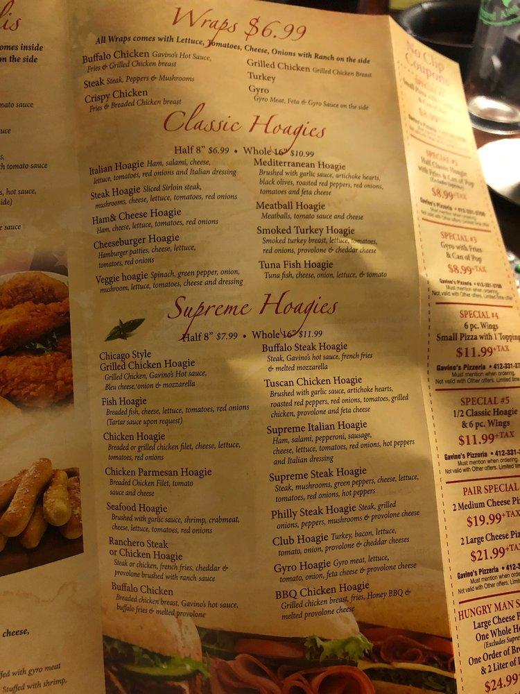 Menu at Gavino's Pizza pizzeria, McKees Rocks