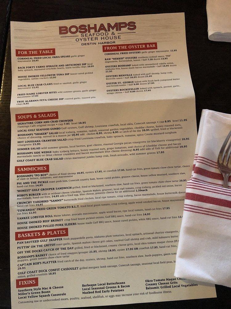 Menu at Boshamps Seafood and Oyster House restaurant, Destin