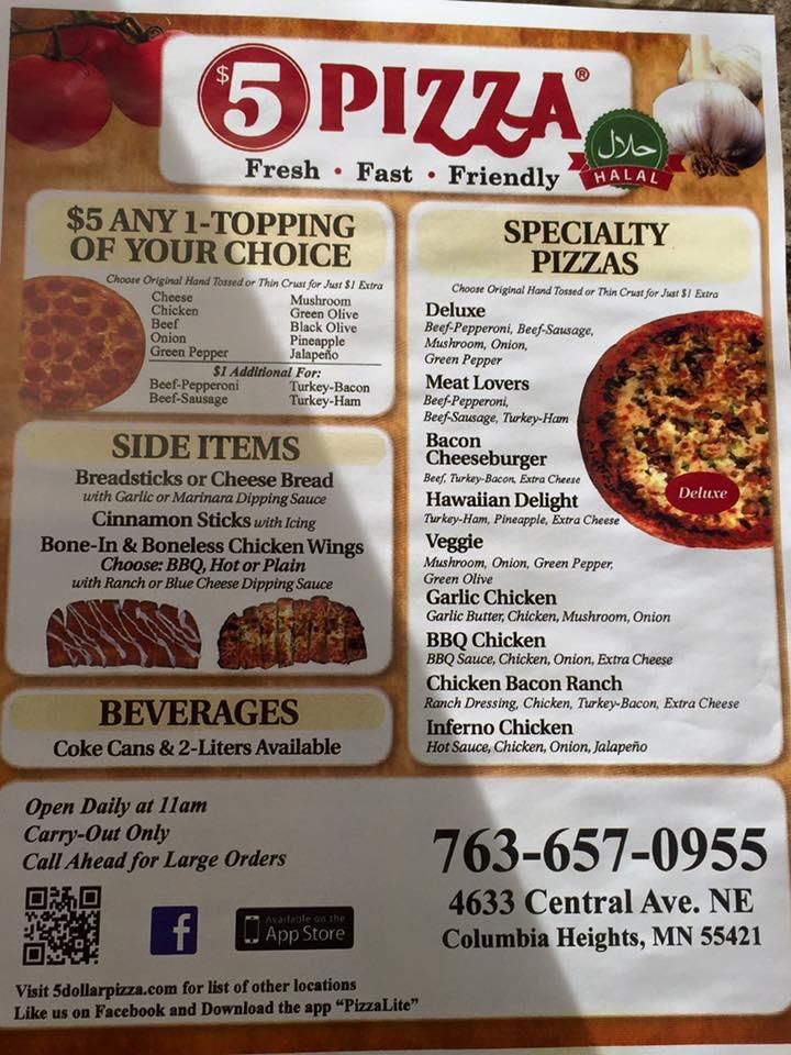 Menu at 5 Dollar Pizza restaurant, Columbia Heights
