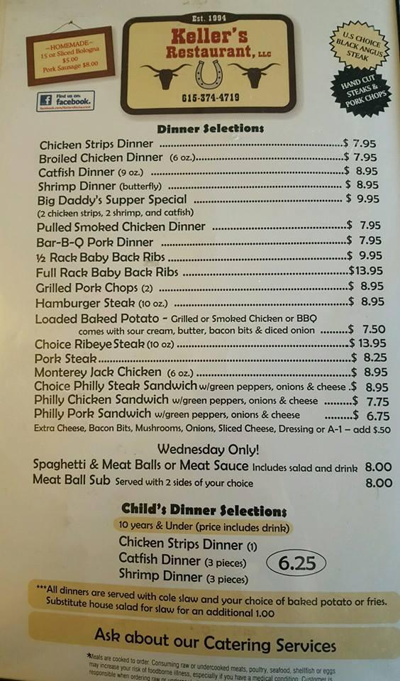 Menu at Keller's Bar & Grill, Castalian Springs, A085029 00204 00006029