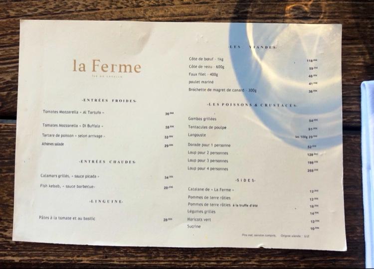 Menu at Restaurant la ferme ile de cavallo, Bonifacio, Île de Cavallo