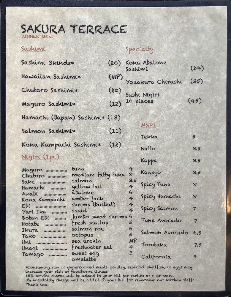 Menu at Sakura Terrace restaurant, Honolulu