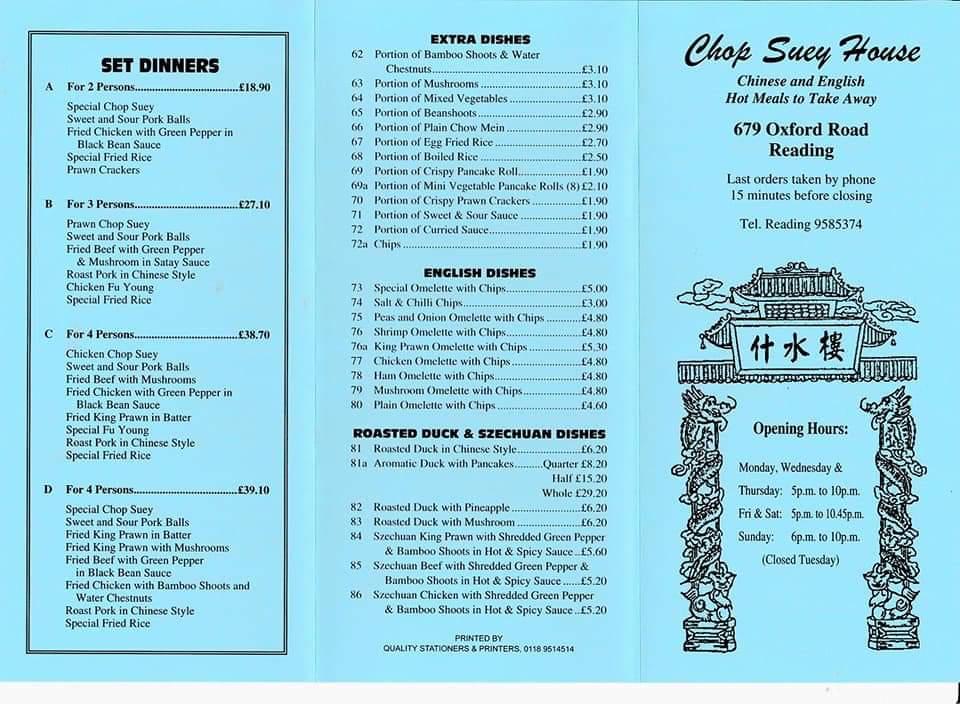 Menu at Chop Suey House fast food, Reading