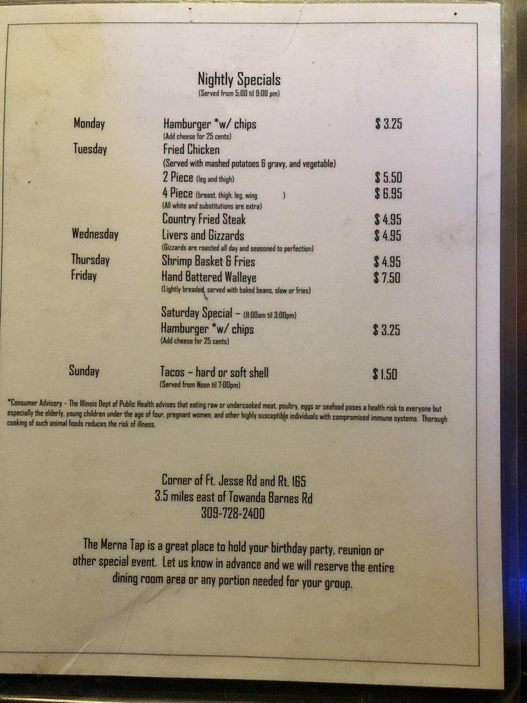 Menu at Merna Tap pub & bar, Bloomington, N 2300 East Road