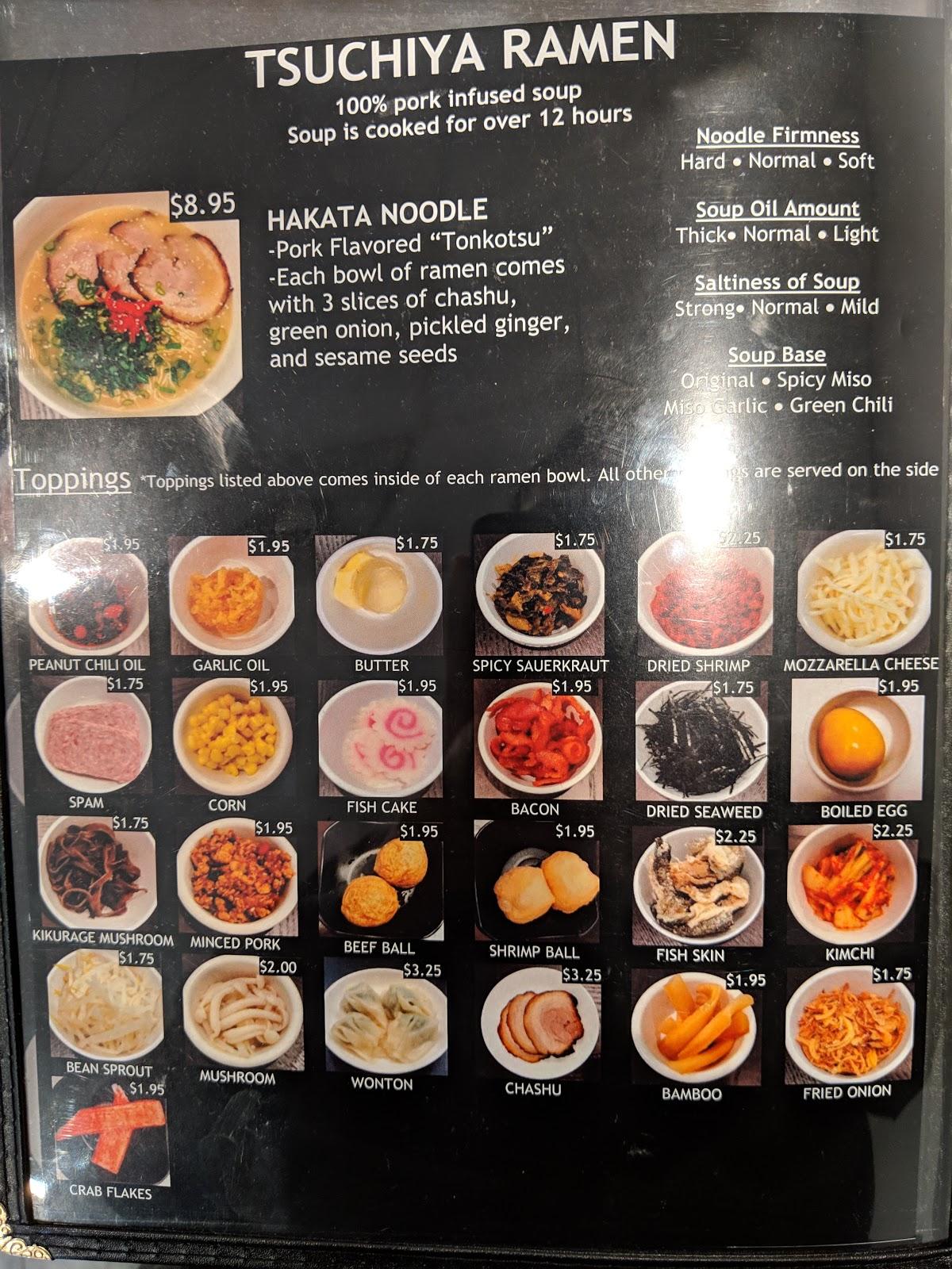 Menu at Tsuchiya Ramen restaurant, Fresno