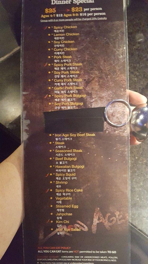 Menu at Iron Age Baltimore restaurant, Catonsville