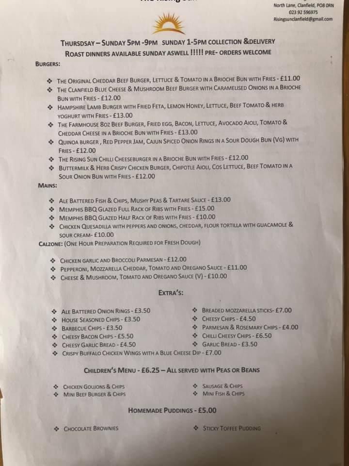 Menu at The Rising Sun Inn pub & bar, Clanfield